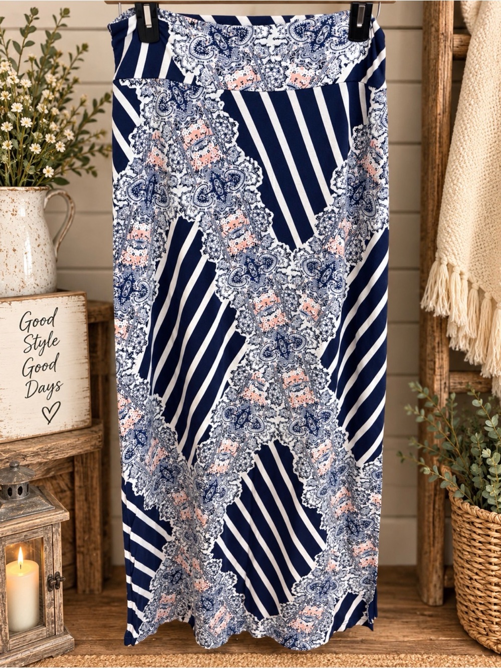 Maeve Navy, White & Blush Patterned Maxi Skirt